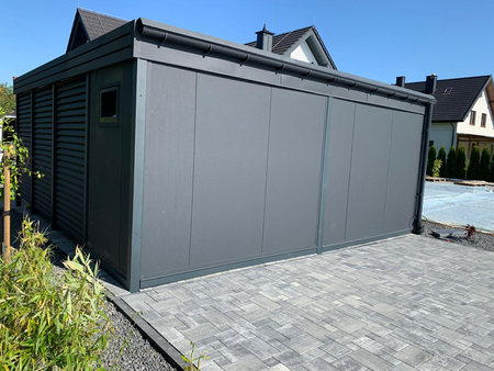 Einzelcarport + Abstellraum auf der Rückseite - Wellblech- 4x Jalousie Premium Wand