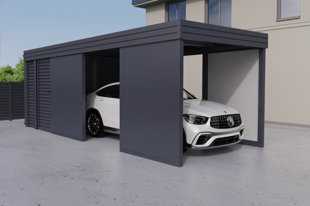 Einzelcarport + Abstellraum auf der Rückseite - Wellblech - 4x PIR Wand