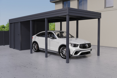 Einzelcarport + Abstellraum auf der Rückseite - Wellblech - ohne Wände
