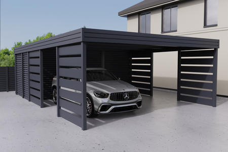 Doppelcarport + Abstellraum auf der Rückseite - Wellblech- 4x Modern+ Wand