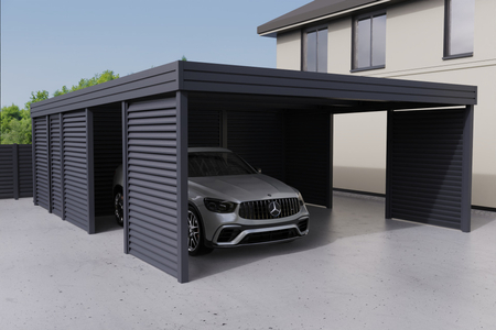 Doppelcarport + Abstellraum auf der Rückseite - Wellblech - 4x Jalousie Wand