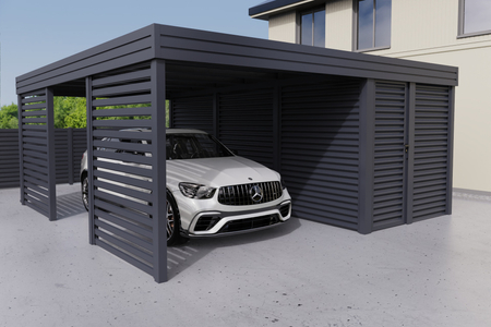 Carport + Abstellraum an der Seite - Wellblech - 2x Palisade Wand