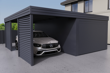 Carport mit integrierter Garage aus PIR-Platte - 2x Jalousie Wand