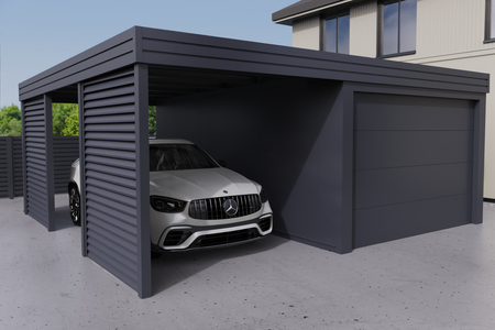 Carport mit integrierter Garage aus PIR-Platte - 2x Jalousie Wand