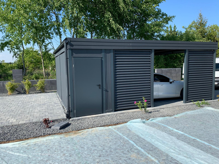 Einzelcarport + Abstellraum auf der Rückseite - Wellblech- 4x Jalousie Premium Wand