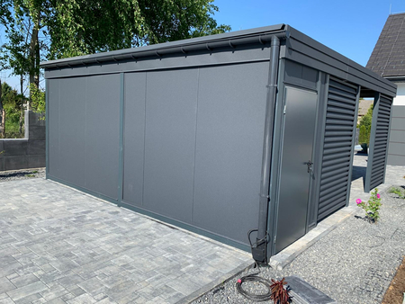 Einzelcarport + Abstellraum auf der Rückseite - Wellblech- 4x Jalousie Premium Wand