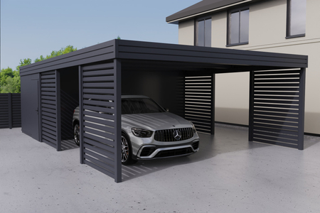 Doppelcarport + Abstellraum auf der Rückseite - PIR - 4x Palisade Wand