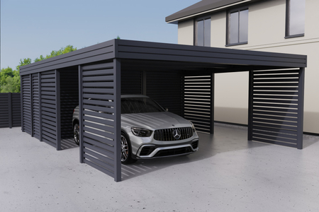 Doppelcarport + Abstellraum auf der Rückseite - Wellblech- 4x Palisade Wand