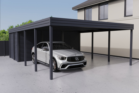 Doppelcarport + Abstellraum auf der Rückseite - Wellblech - ohne Seitenwände