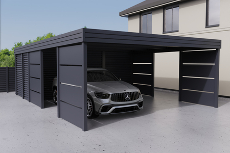 Doppelcarport + Abstellraum auf der Rückseite - Wellblech - 4x Modularwand