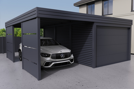 Carport mit Garage aus Wellblech - 2x Modularwand