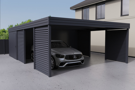 Doppelcarport + Abstellraum auf der Rückseite - PIR - 4x Jalousie Wand